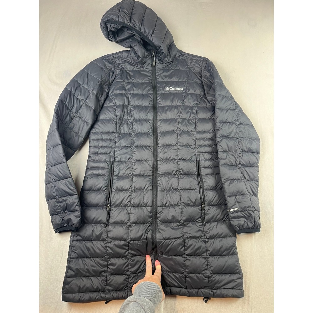 Columbia Womens 590 TurboDown Hooded Puffer Jacket Black Long Parka Small 1491